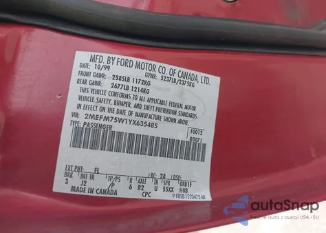 2000 Mercury Grand Marquis Ls из США, поврежденный, VIN 2MEFM75W1YX635485